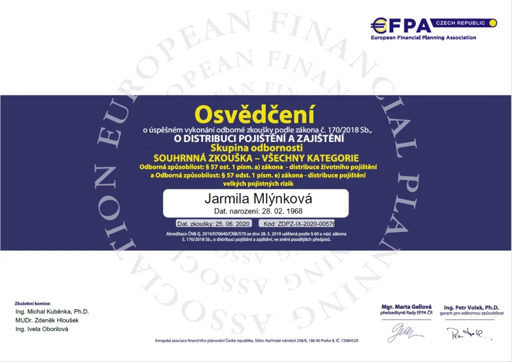 Osvědčení o úspěšném vykonání odborné zkoušky podle zákona č. 170/2018 Sb., O DISTRIBUCI POJIŠTĚNÍ A ZAJIŠTĚNÍ